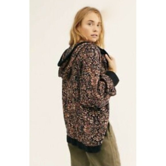 Free People Women Oversized Floral Flower Boho Zip Up Jacket Hood Fits Small-XL